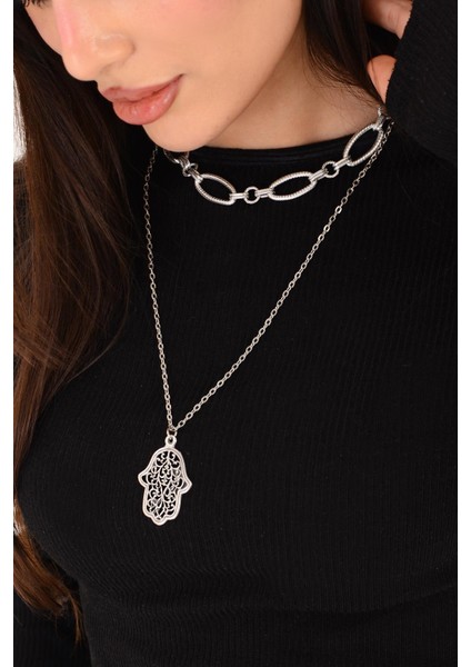 Pınkmark Kadın Gümüş Ikili Fatmanın Eli Charm Kısa Chokker Kolye Seti PMKL25608