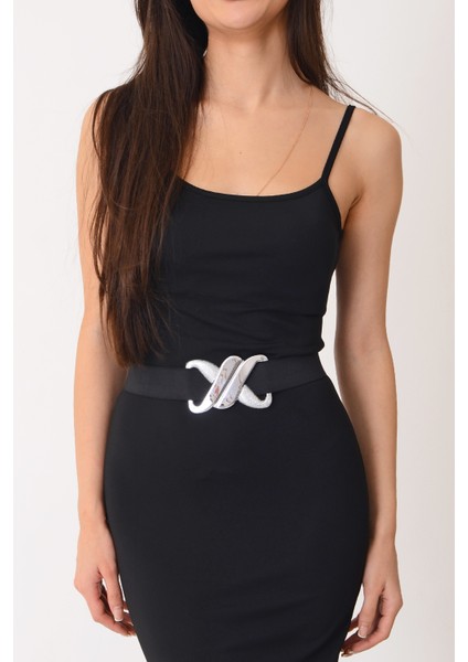 Pınkmark Kadın Gümüş Kaplamalı 4cm Genişlik Ayarlanabilir Lastik Kemer PMKM25690