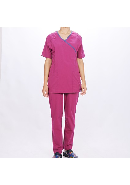 Kadın Spa Hemşire Scrubs Takım Likralı Terry Cotton Fuşya-Indigo Biyeli
