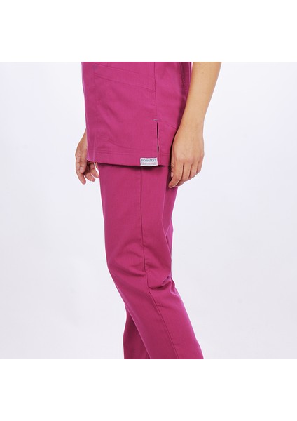 Kadın Spa Hemşire Scrubs Takım Likralı Terry Cotton Fuşya-Indigo Biyeli