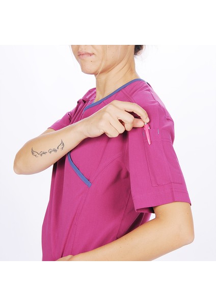 Kadın Spa Hemşire Scrubs Takım Likralı Terry Cotton Fuşya-Indigo Biyeli