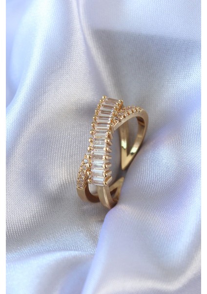 Gold Renk Zirkon Taşlı Pirinç Kadın Yüzük - TJ-BYK2719
