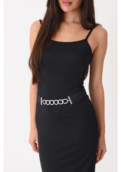 Pınkmark Kadın Zincir Siyah 4 cm Genişlik Ayarlanabilir Lastik Kemer PMKM25733