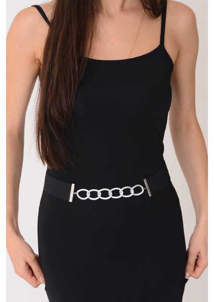 Pınkmark Kadın Zincir Siyah 4 cm Genişlik Ayarlanabilir Lastik Kemer PMKM25733