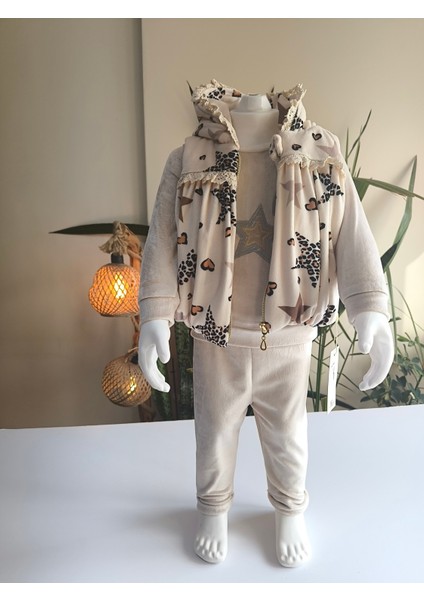 Kız Bebek Leoparlı Kadife Üçlü Takım ( Çıtçıtlısweatshirt+Kadifeyelek+Pantolon) fiyatları
