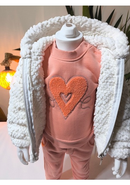 Kız Bebek Montlu Üçlü Takım (Omuzdan Çıtçıtlısweatshirt+ Polar Mont +Pantolon) indirimleri