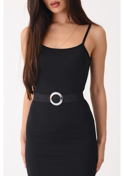 Pınkmark Kadın Gümüş Kaplamalı Halka 4cm Genişlik Ayarlanabilir Lastik Kemer PMKM25693