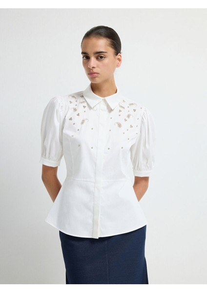 Kısa Kollu Taşlı Gömlek Beyaz 13045793000