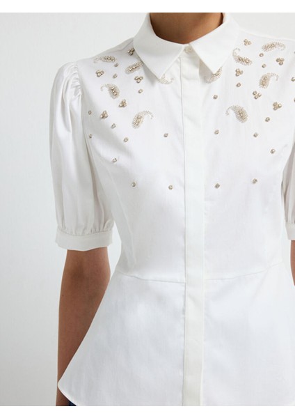 Kısa Kollu Taşlı Gömlek Beyaz 13045793000 fiyatları