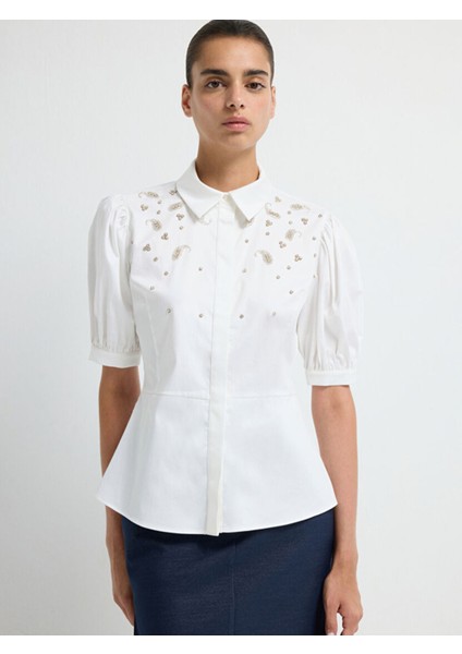 Kısa Kollu Taşlı Gömlek Beyaz 13045793000 fırsatları