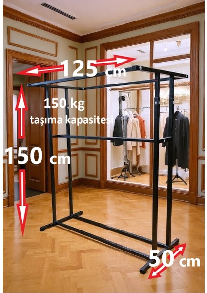 Premium 150 cm Çelik Konfeksiyon En 125 cm Elbise Askılık Tekerlekli Demonte Eşek Portmanto Hanger Rack
