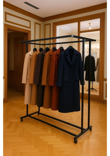 Premium 150 cm Çelik Konfeksiyon En 125 cm Elbise Askılık Tekerlekli Demonte Eşek Portmanto Hanger Rack