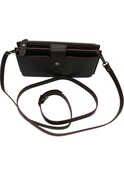 Hakiki Deri El ve Omuz Askılı El Bandlı ve Telefon Bölmeli Kadın Cüzdanı - Kahverengi