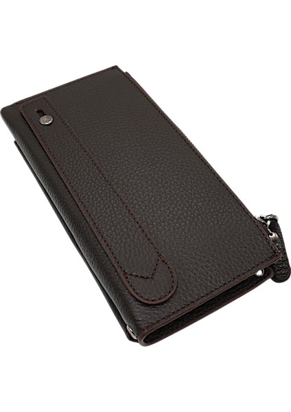 Hakiki Deri El ve Omuz Askılı El Bandlı ve Telefon Bölmeli Kadın Cüzdanı - Kahverengi