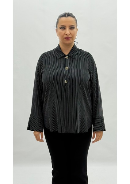 Büyük Beden Düğmeli Çizgili Viskon Uzun Kol Oversize Kadın Gömlek
