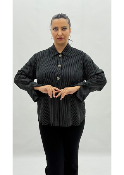 Büyük Beden Düğmeli Çizgili Viskon Uzun Kol Oversize Kadın Gömlek fiyatları