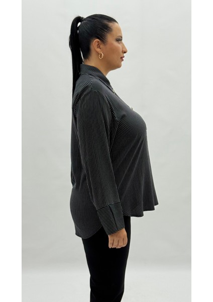 Büyük Beden Düğmeli Çizgili Viskon Uzun Kol Oversize Kadın Gömlek modelleri