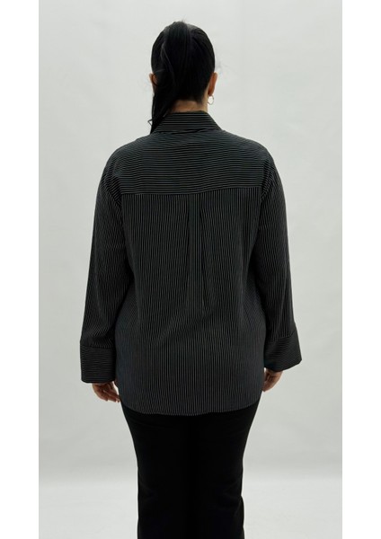 Büyük Beden Düğmeli Çizgili Viskon Uzun Kol Oversize Kadın Gömlek fırsatları