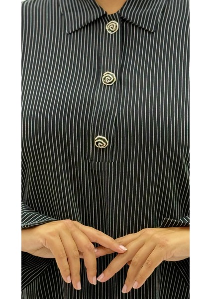 Büyük Beden Düğmeli Çizgili Viskon Uzun Kol Oversize Kadın Gömlek indirimleri