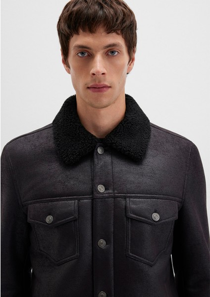 Suni Kürk Detaylı Siyah Suni Deri Ceket 0110460-71379