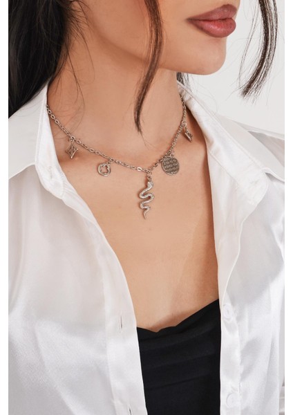 Pınkmark Kadın Gümüş 5 Charm Kaplamalı Bijuteri Kolye 50CM PMKL25626