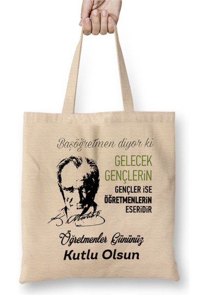 Atatürk Öğretmenler Günü Öğretmene Hediye Beyaz Bez Çanta Uzun Saplı Alışveriş Çantası Plaj Çantası
