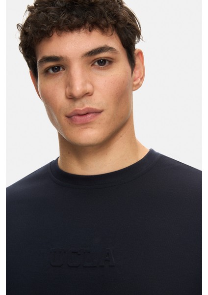 Canary Lacivert Bisiklet Yaka Gofre Baskılı Modal Kumaş Standard Fit Erkek Tshirt indirimleri