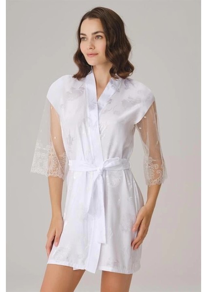 Kadın Fantazi Iç Giyim Çeyizlik Uzun Kol V Yaka Kadın Saten Düz Yazlık Mini Dantel Detaylı Sabahlık - Şehvetli ve Zarif Tasarım