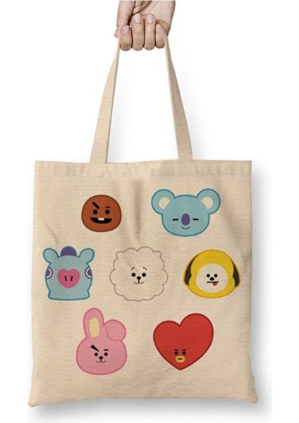 Bts BT21 Karakterleri Beyaz Bez Çanta Uzun Saplı Alışveriş Çantası Plaj Çantası