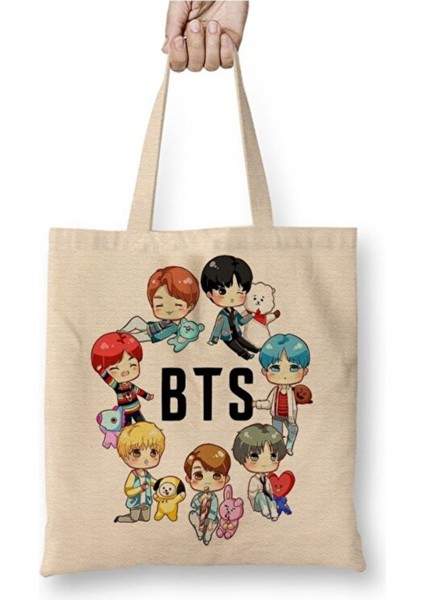 Bts Dna x BT21 Beyaz Bez Çanta Uzun Saplı Alışveriş Çantası Plaj Çantası