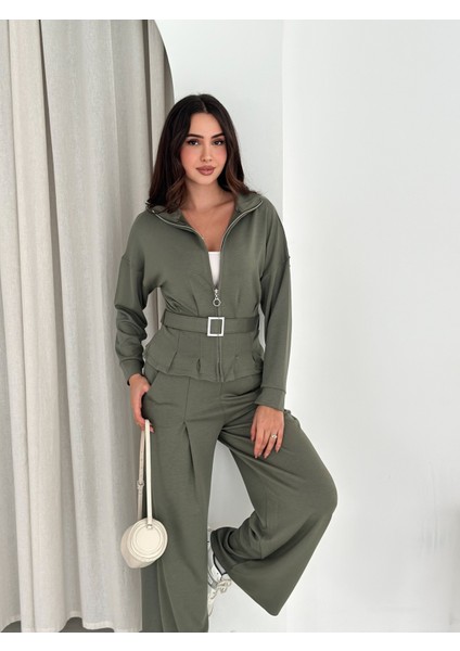 Modal Kumaş Fermuarlı Kemerli Şık Günlük Eşofman Takımı / Modal Fabric Zippered Belted Tracksuit Set