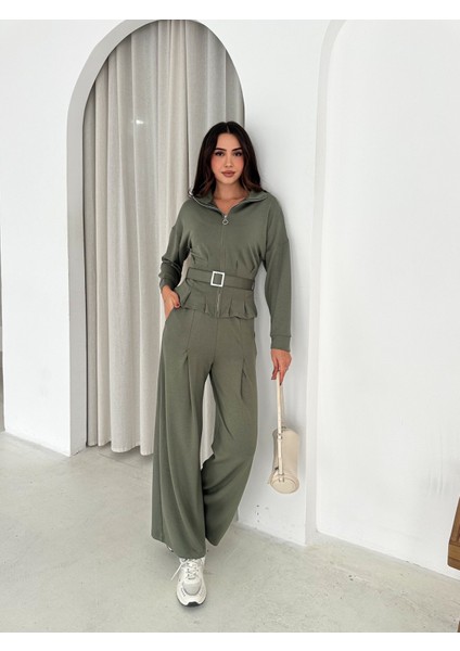 Modal Kumaş Fermuarlı Kemerli Şık Günlük Eşofman Takımı / Modal Fabric Zippered Belted Tracksuit Set fırsatları