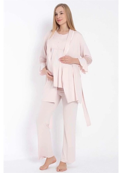 Kadın Fantazi Iç Giyim Kısa Kol Bisiklet Yaka Kadın Viskon Dantel Detaylı Hamile Pijama Takımı Sabahlık - Şehvetli ve Zarif Tasarım