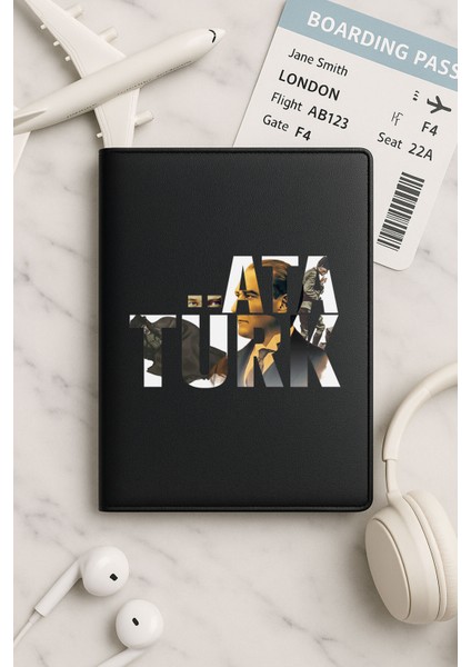 Tüm Ülke Pasaportları Için Siyah Vinleks Deri Pasaport Kılıfı Kabı Atatürk Kolaj