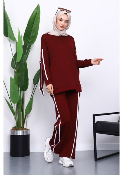 Bordo Kol Bağlamalı Tunik Pantolonlu Takım