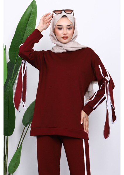 Bordo Kol Bağlamalı Tunik Pantolonlu Takım modelleri