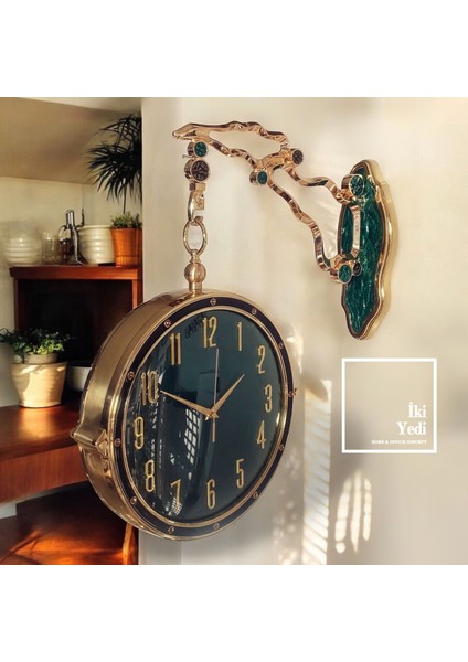 Rennes Gold Metal Yan Duvar Saati Çift Taraflı Istasyon Saat Ev Ofis Lüks Dekoratif Obje
