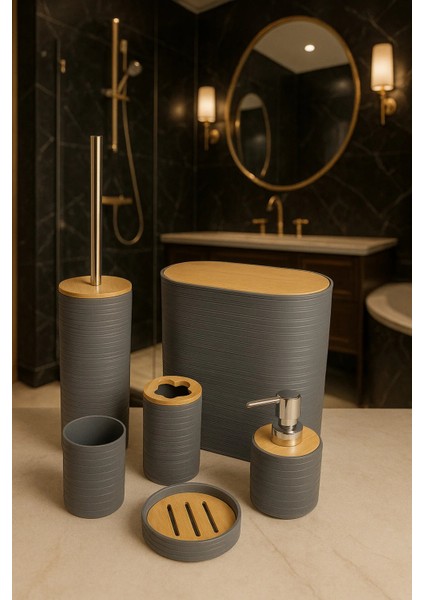 6'lı Banyo Seti, Bambu Kapaklı, Gri, Oval, 8 Litre