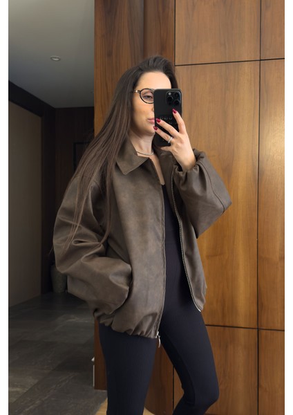 Premium Deri Bomber Ceket- Kahverengi