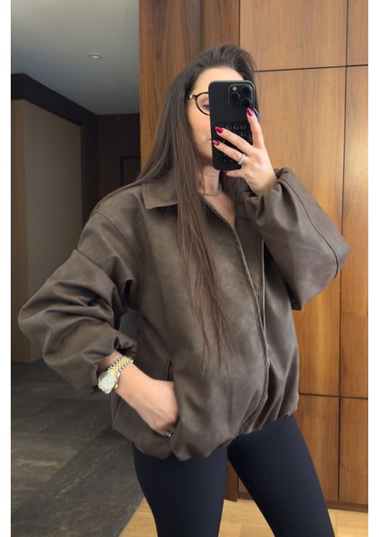 Premium Deri Bomber Ceket- Kahverengi indirimleri