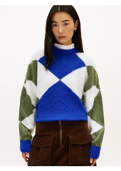 Alpaka Karışımlı Baklava Desenli Bisiklet Yaka Uzun Kollu Kadın Mavi Kazak WW0WW474640ZU