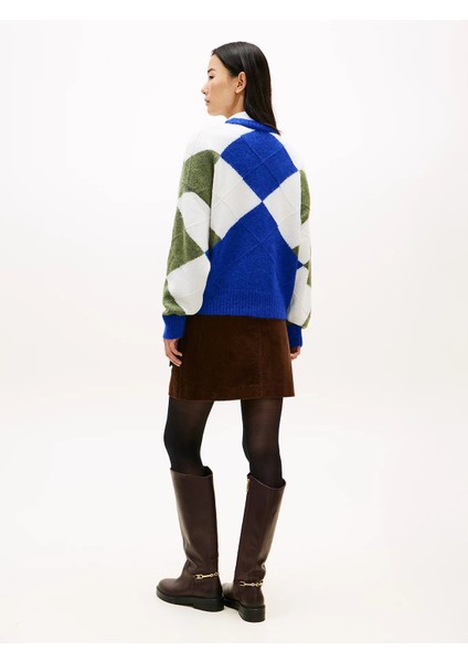 Alpaka Karışımlı Baklava Desenli Bisiklet Yaka Uzun Kollu Kadın Mavi Kazak WW0WW474640ZU modelleri