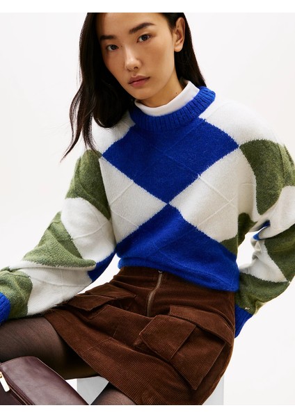 Alpaka Karışımlı Baklava Desenli Bisiklet Yaka Uzun Kollu Kadın Mavi Kazak WW0WW474640ZU fırsatları