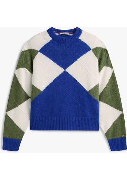 Alpaka Karışımlı Baklava Desenli Bisiklet Yaka Uzun Kollu Kadın Mavi Kazak WW0WW474640ZU indirimleri