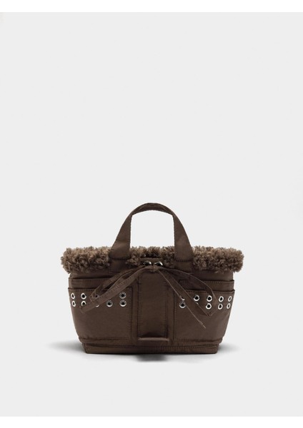 Kürk Efektli Teknik Kumaş Tote Çanta