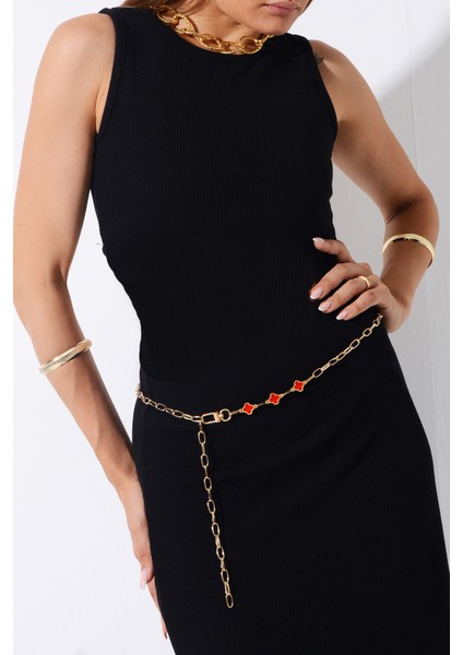 Pınkmark Kadın Gold Kırmızı Mineli Zincir Kemer PMKM25593