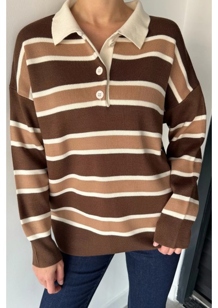 Kadın Yarım Düğmeli Çizgi Desenli Triko Kazak P-00019019