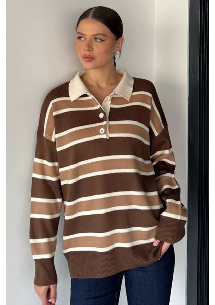 Kadın Yarım Düğmeli Çizgi Desenli Triko Kazak P-00019019 fiyatları
