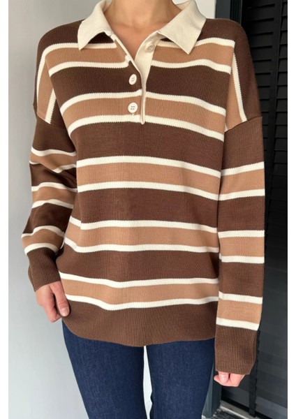 Kadın Yarım Düğmeli Çizgi Desenli Triko Kazak P-00019019 modelleri