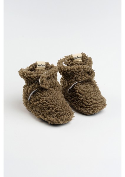 Kaydırmaz Tabanlı Bebek Pandufu – Peluş ve Terletmez Organik Pamuk Astarlı Haki Panduf